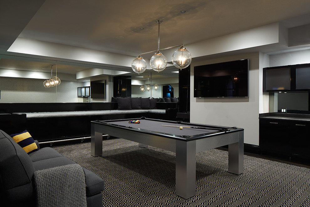 Photo of a large traditional enclosed games room in New York with a game room, white walls, carpet, a wall mounted tv and multi-coloured floors.