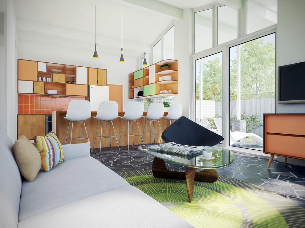 Foto di un soggiorno moderno di medie dimensioni e aperto con pareti bianche, pavimento in ardesia e TV a parete