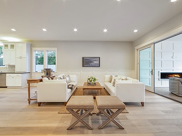 Inspiration for a large country open plan games room in Orange County with grey walls, light hardwood flooring, no fireplace and brown floors.