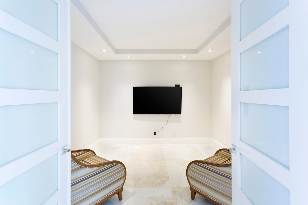 This is an example of a medium sized contemporary enclosed games room in Miami with grey walls, porcelain flooring, no fireplace, a wall mounted tv and beige floors.