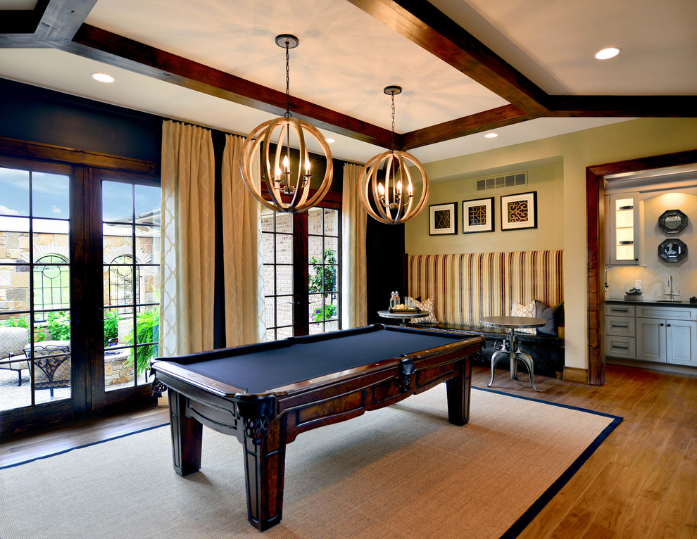 Inspiration for a large contemporary open plan games room in Detroit with green walls, dark hardwood flooring, a game room, no fireplace, no tv and brown floors.