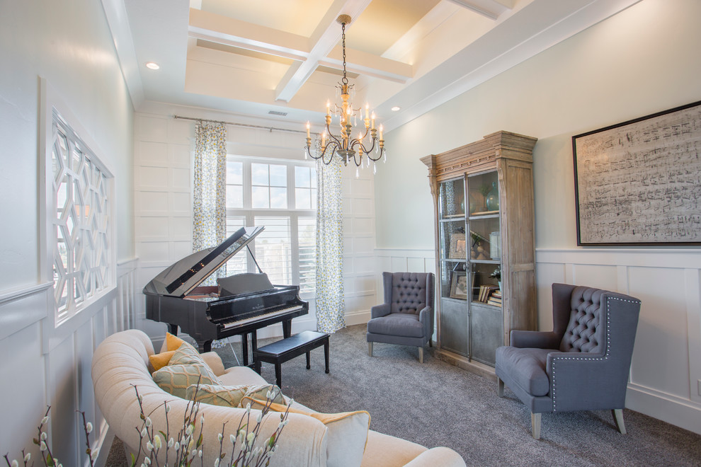 Inspiration for a small classic enclosed games room in Salt Lake City with a music area, beige walls, carpet, no fireplace, no tv and beige floors.