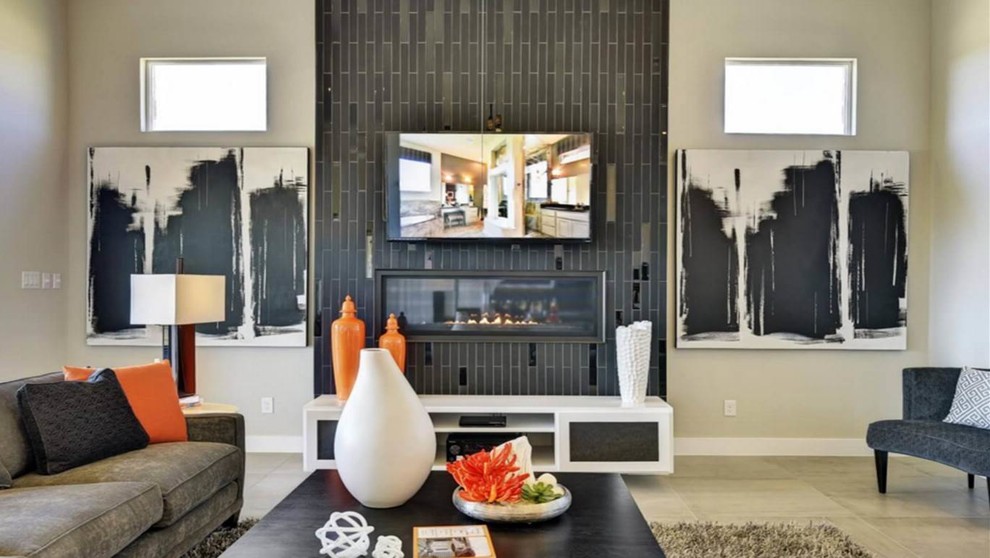Inspiration for a mid-sized contemporary open concept porcelain tile family room remodel in Austin with white walls, a ribbon fireplace, a tile fireplace and a wall-mounted tv