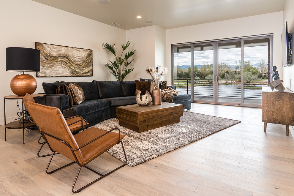 Modernes Wohnzimmer mit weißer Wandfarbe, hellem Holzboden, TV-Wand und beigem Boden in Boise