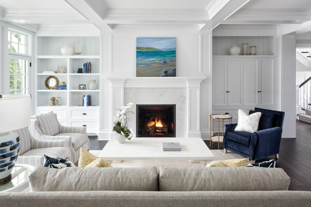 This is an example of a nautical games room in Minneapolis with white walls, dark hardwood flooring, a standard fireplace, a stone fireplace surround and brown floors.
