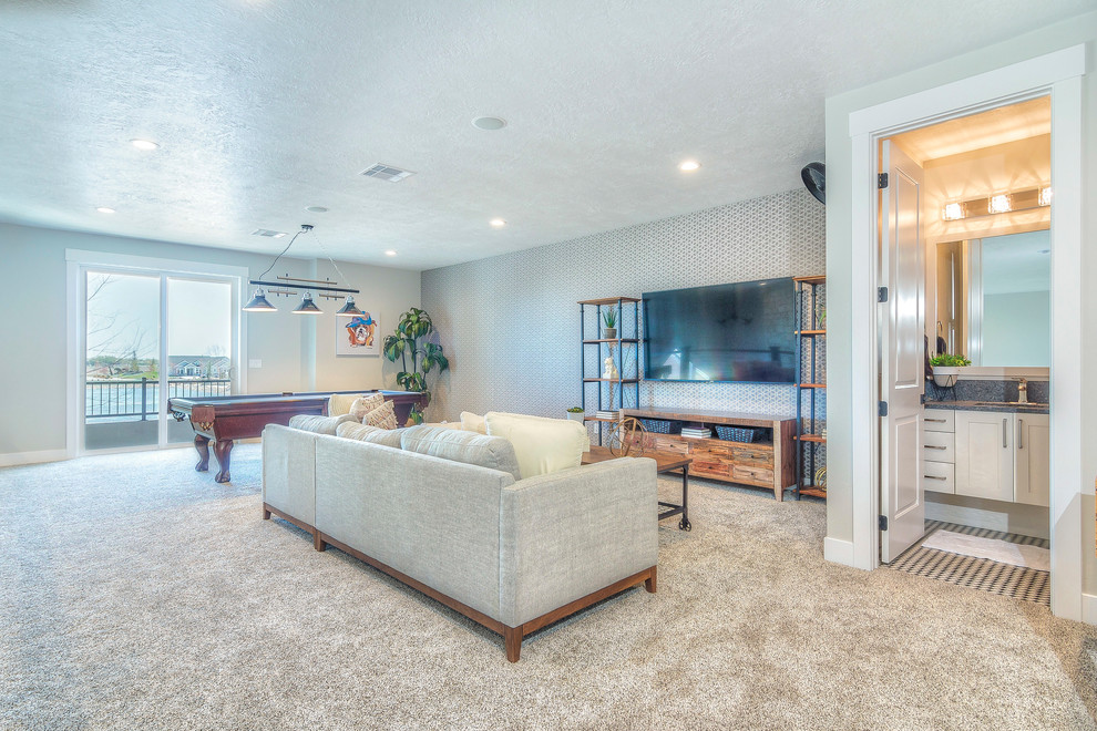 Design ideas for a medium sized classic open plan games room in Boise with a game room, grey walls, carpet, no fireplace, a wall mounted tv and grey floors.