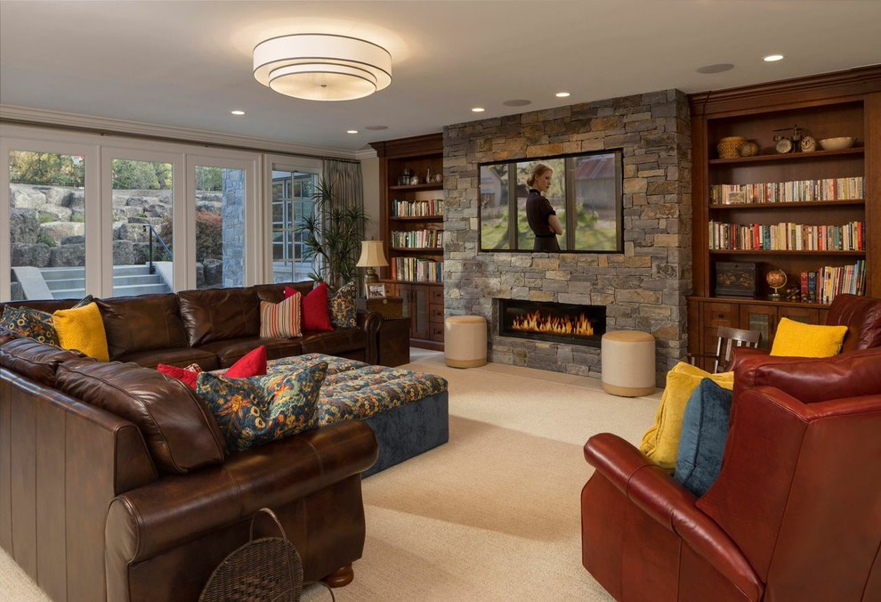 Large traditional games room in Salt Lake City with a ribbon fireplace, a stone fireplace surround, white walls, carpet, a wall mounted tv and feature lighting.