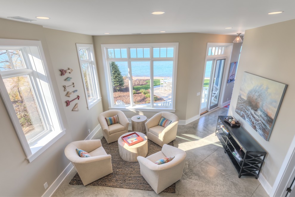 Example of a beach style family room design in Grand Rapids
