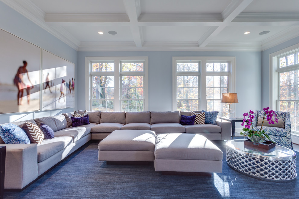 Inspiration for a transitional open concept family room remodel in DC Metro with blue walls