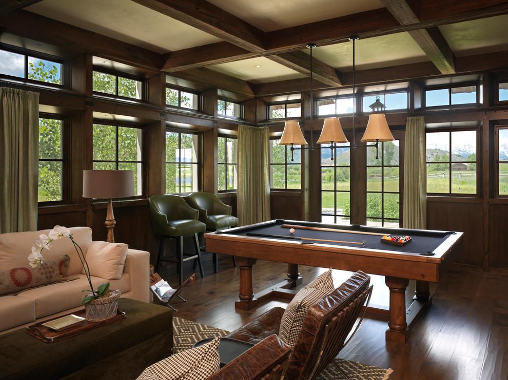 This is an example of a large classic open plan games room in Other with brown walls, dark hardwood flooring and no fireplace.