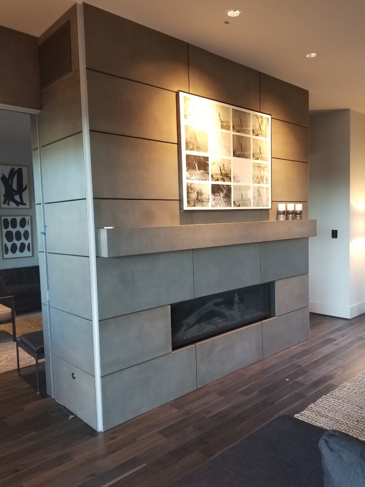 Идея дизайна: гостиная комната в стиле модернизм с фасадом камина из бетона