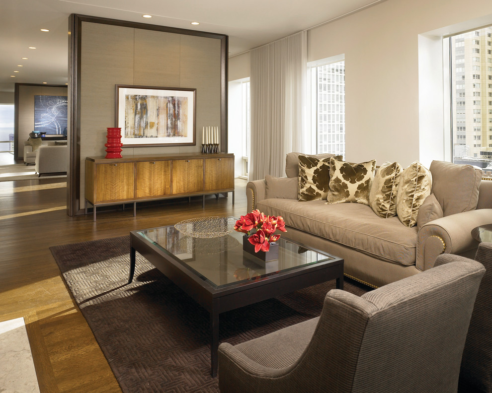 Modelo de sala de estar contemporánea con paredes blancas y alfombra