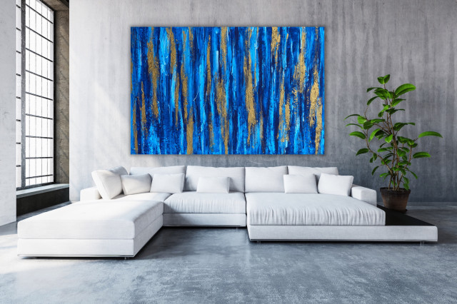 60x48 Inches Blue Gold Abstract Contemporary Painting Large Canvas