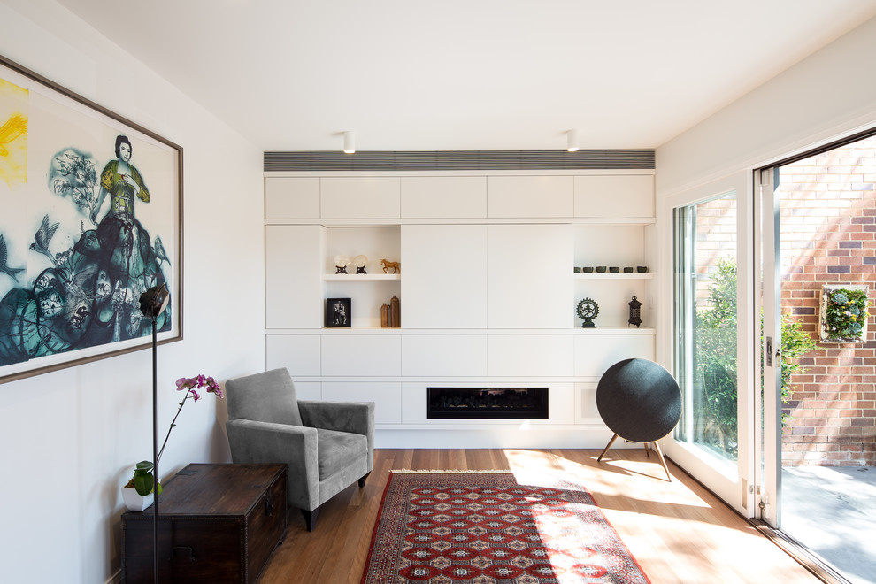 Modelo de sala de estar cerrada contemporánea con paredes blancas, suelo de madera en tonos medios y chimenea lineal