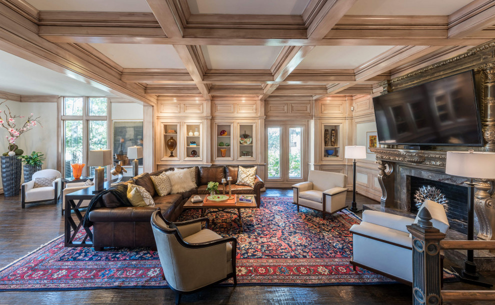 Expansive traditional enclosed games room in Dallas with a reading nook, beige walls, dark hardwood flooring, a standard fireplace, a stone fireplace surround and a wall mounted tv.