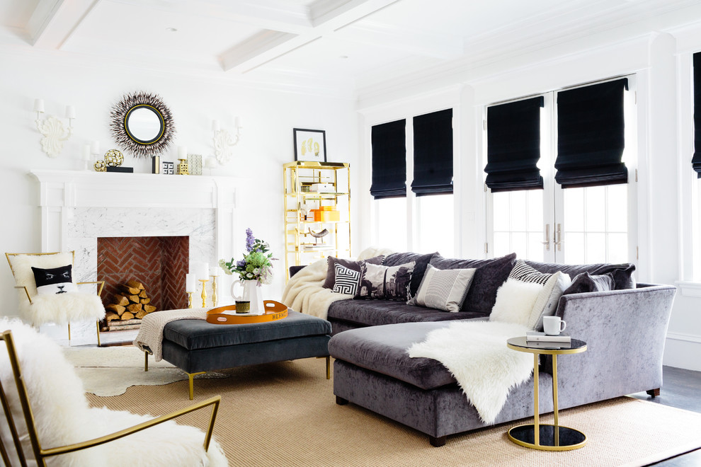 Inspiration for a transitional dark wood floor family room remodel in Boston with white walls and a standard fireplace