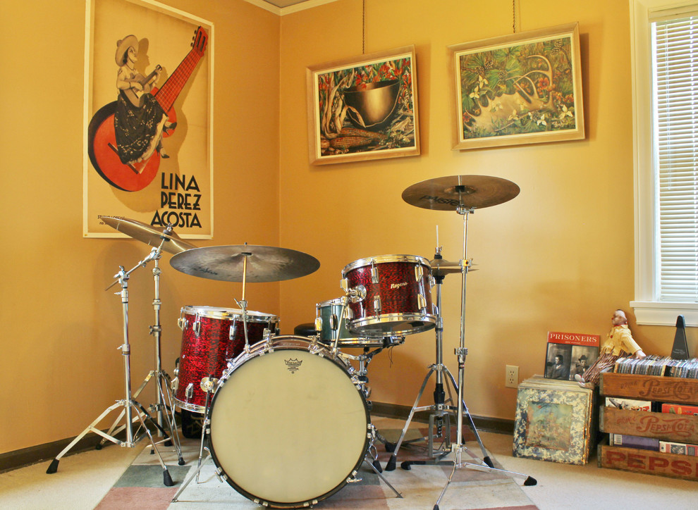 Eclectic family room photo in Seattle with a music area and yellow walls