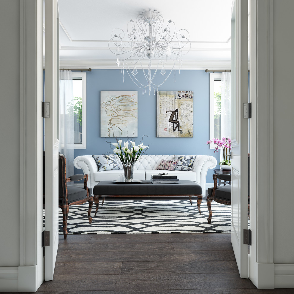Großes, Fernseherloses, Abgetrenntes Klassisches Wohnzimmer mit blauer Wandfarbe, dunklem Holzboden und braunem Boden in Melbourne