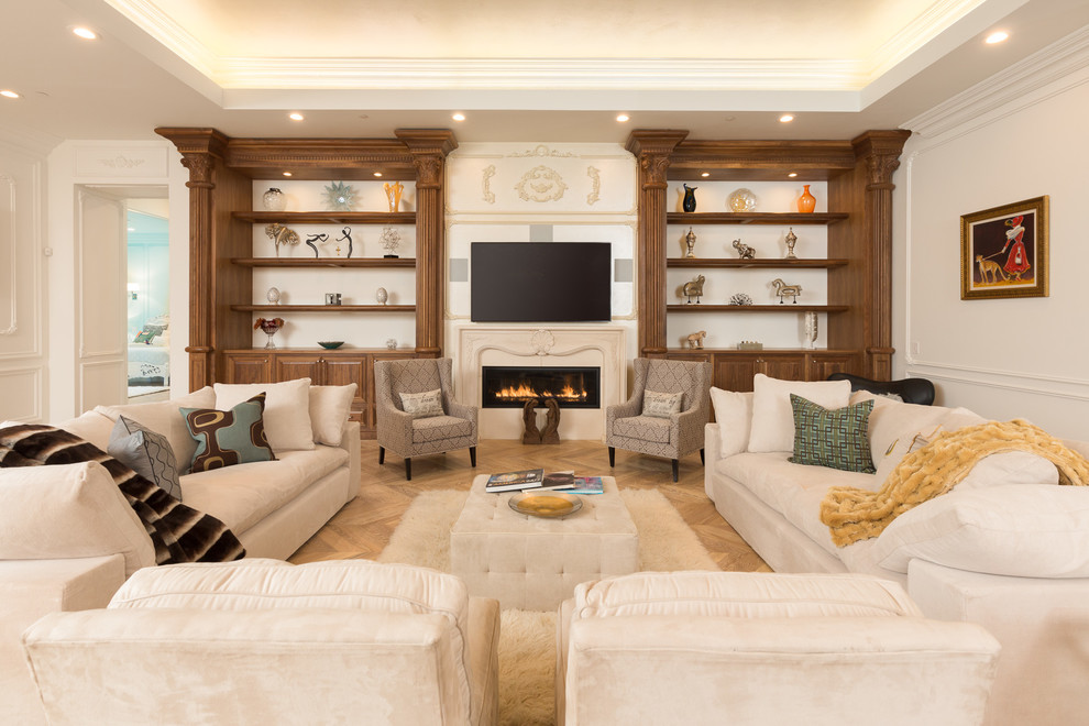 Traditional games room in Sacramento with white walls, light hardwood flooring, a wall mounted tv and beige floors.