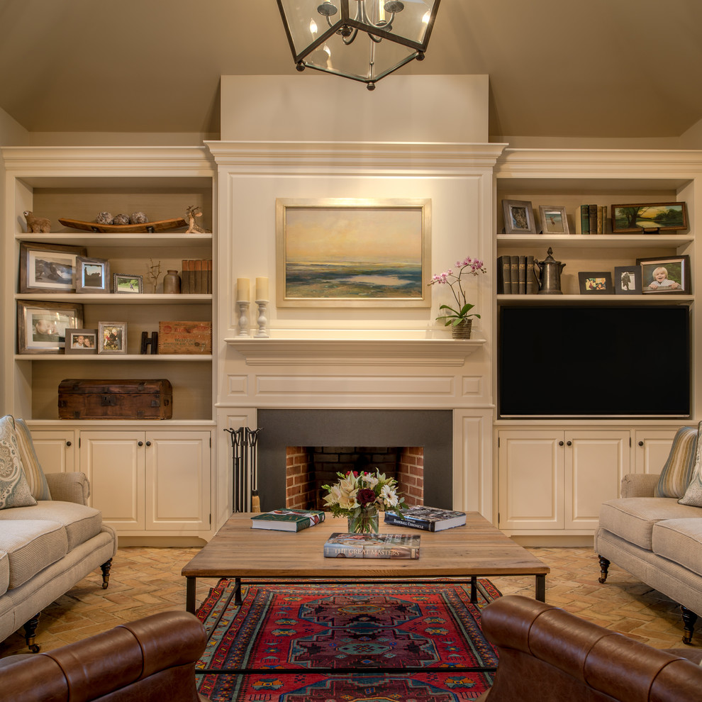Inspiration for a large classic open plan games room in Philadelphia with beige walls, brick flooring, a standard fireplace, a wooden fireplace surround, a built-in media unit and brown floors.