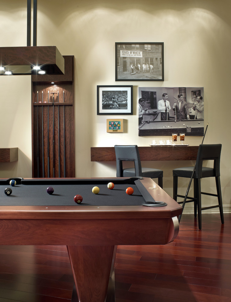 Contemporary games room in Detroit with white walls.