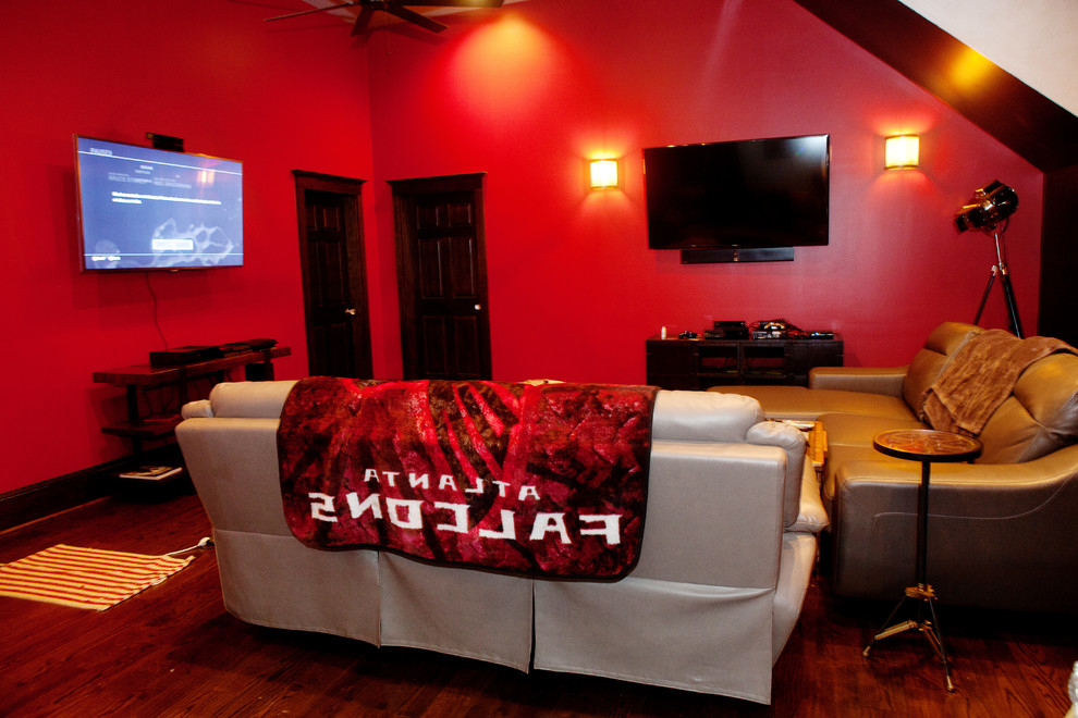 Medium sized bohemian enclosed games room in Atlanta with a game room, red walls, dark hardwood flooring, no fireplace and a wall mounted tv.