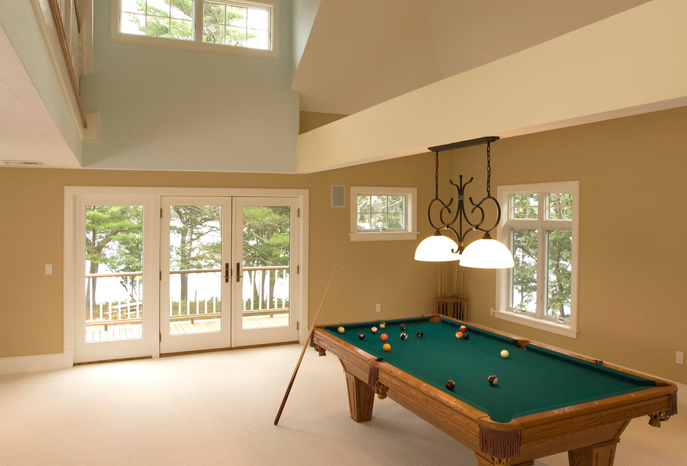 Photo of a large traditional enclosed games room in Boston with a game room, yellow walls, carpet, no fireplace and no tv.