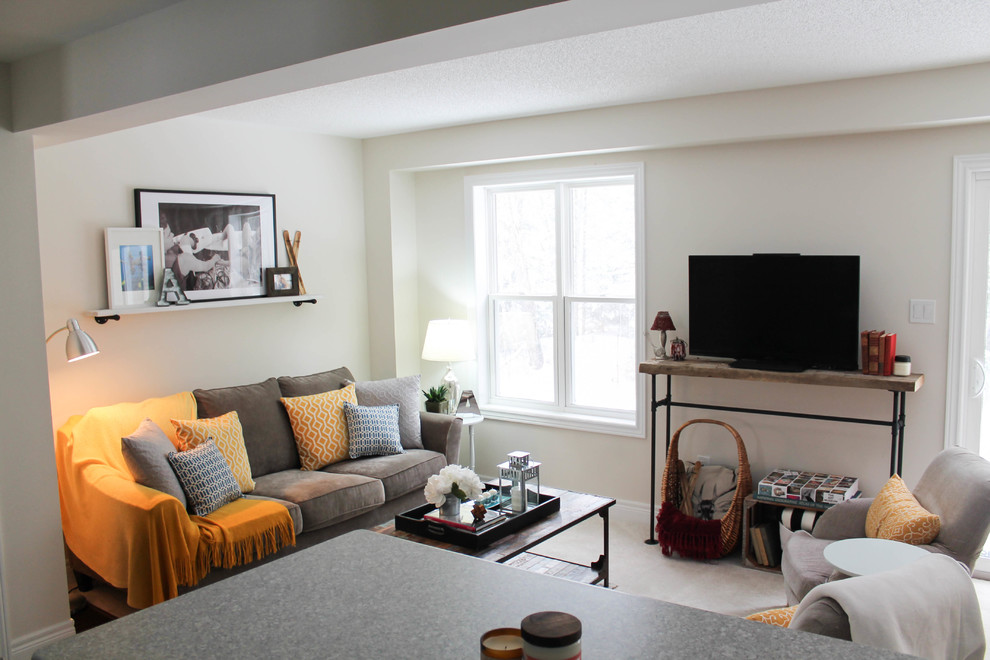 Diseño de sala de estar abierta actual pequeña sin chimenea con paredes blancas, televisor independiente, moqueta y suelo gris