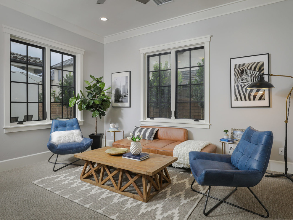 Klassisches Wohnzimmer mit grauer Wandfarbe und Teppichboden in San Diego