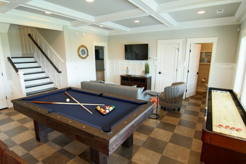 Mid-sized beach style enclosed linoleum floor game room photo in Other with beige walls, no fireplace and a wall-mounted tv