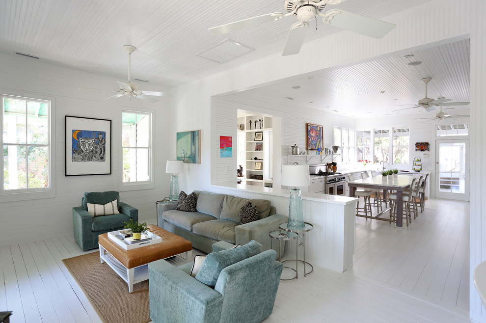 Example of a beach style painted wood floor and white floor family room design in San Francisco
