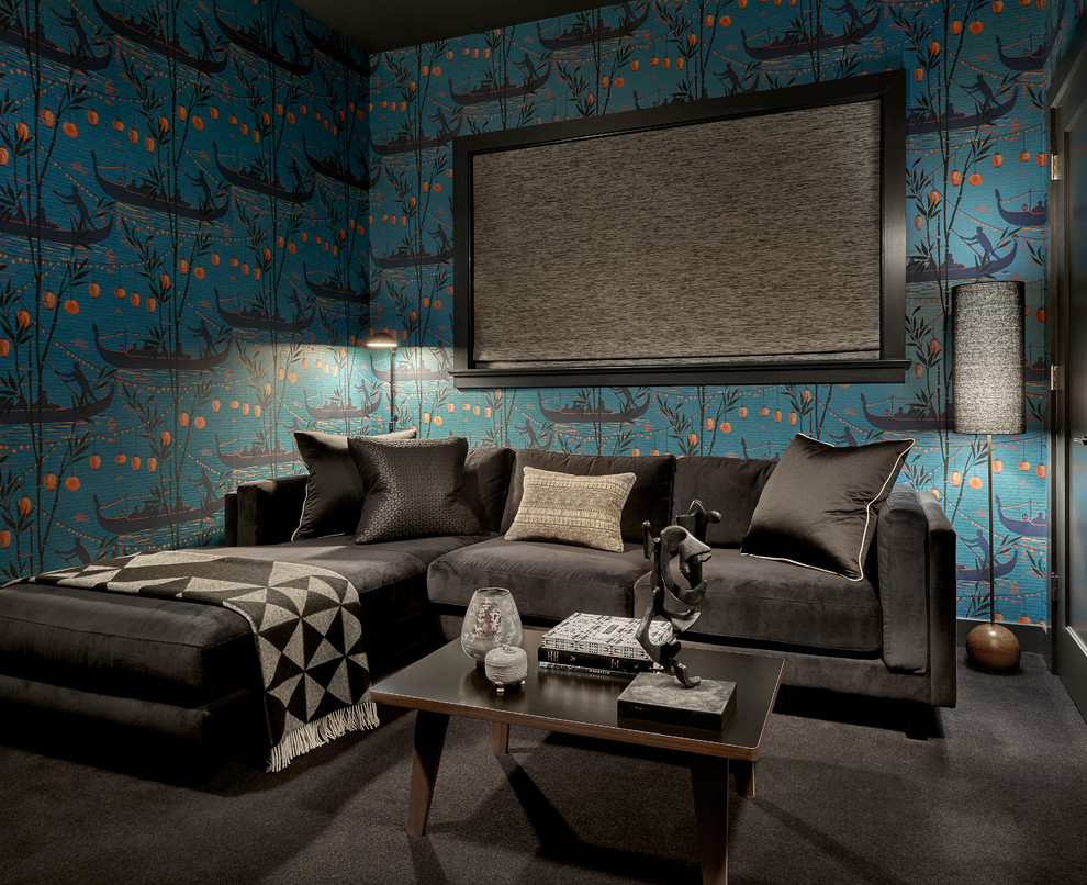 Пример оригинального дизайна: изолированная гостиная комната среднего размера в современном стиле с ковровым покрытием и разноцветными стенами без камина, телевизора