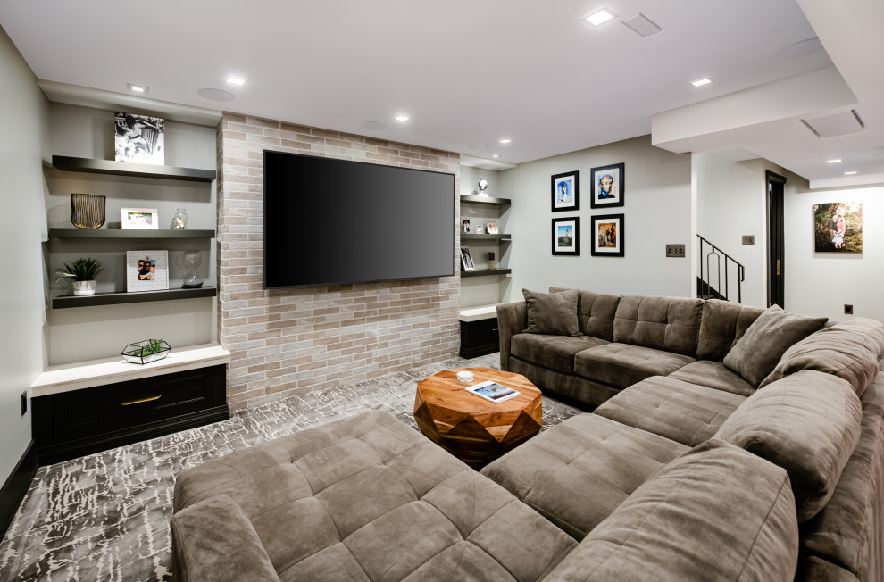 Photo of a medium sized urban enclosed games room in DC Metro with grey walls, carpet, no fireplace, a wall mounted tv and grey floors.