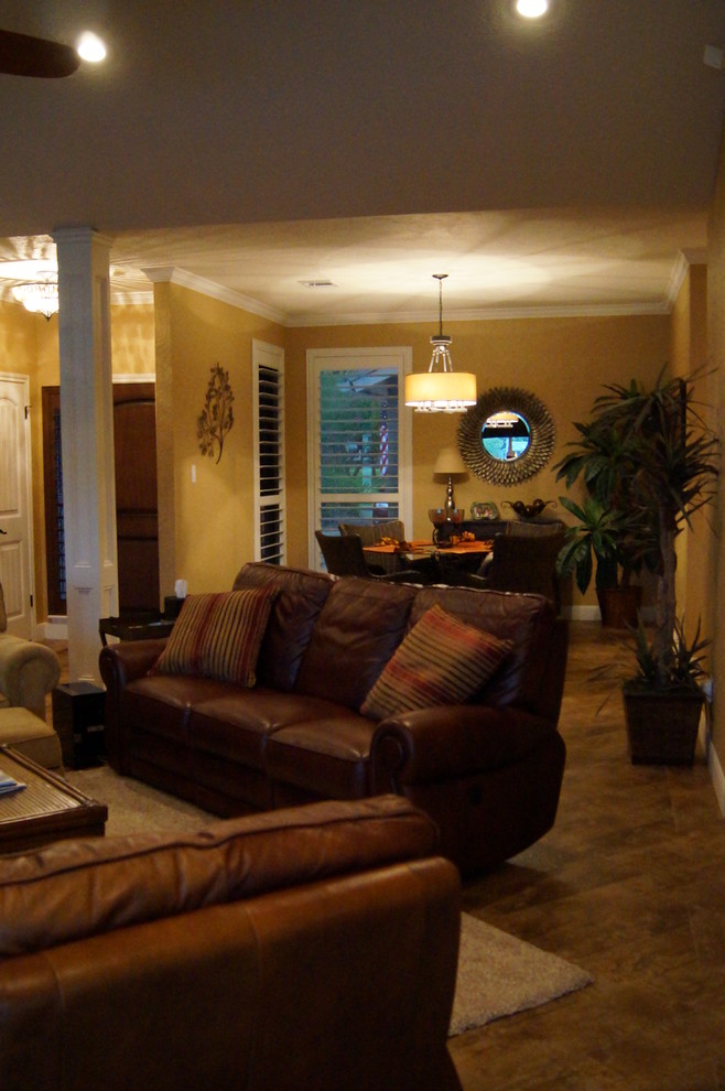 Example of a transitional family room design in Houston
