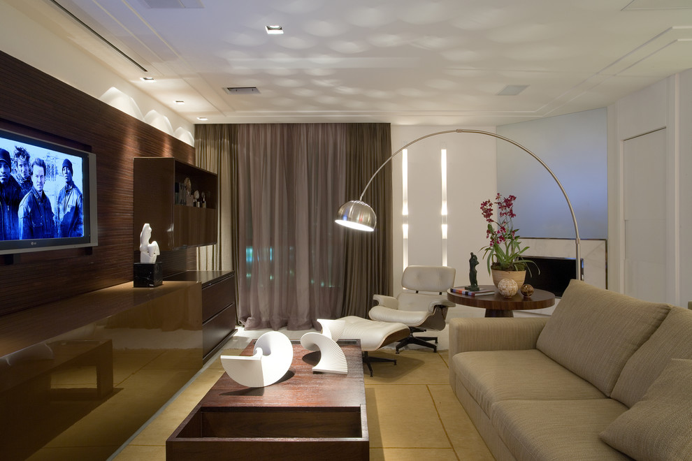 Inspiration pour une salle de séjour design avec un mur beige.