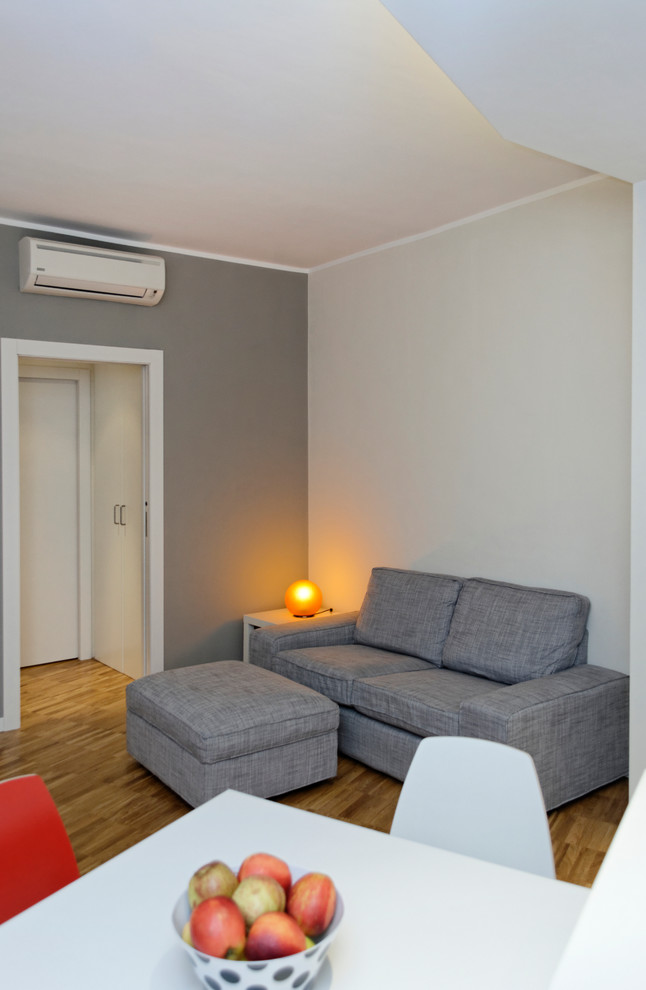 Cette image montre une petite salle de séjour minimaliste ouverte avec parquet clair et un téléviseur indépendant.