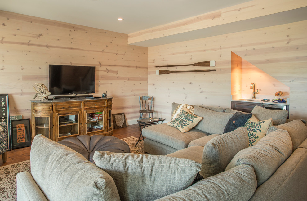 Modelo de sala de estar costera con suelo de madera oscura