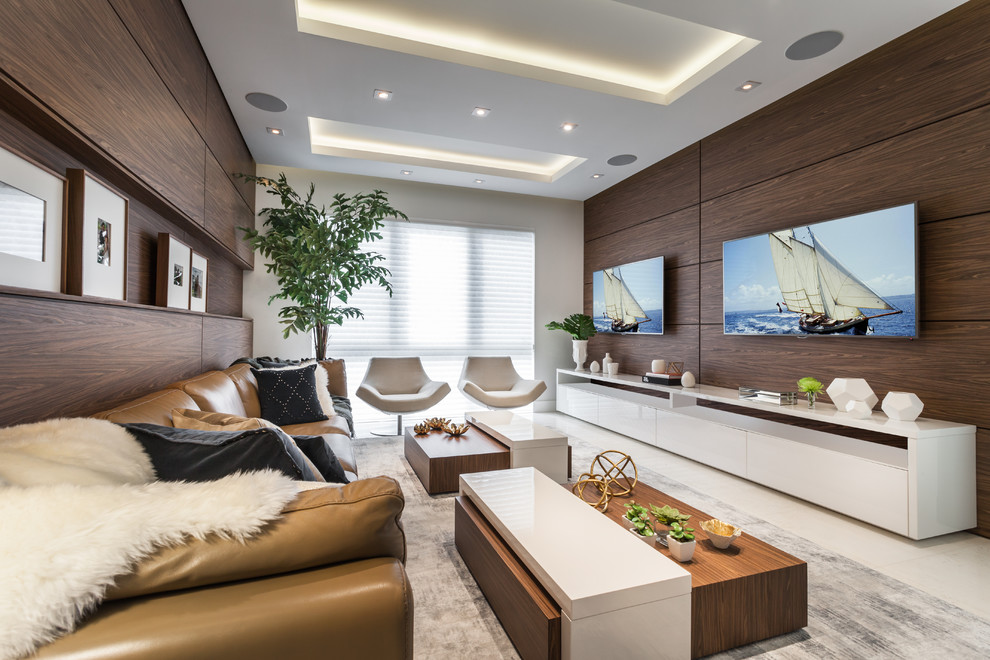 Inspiration for a contemporary games room in Miami with no fireplace and a wall mounted tv.