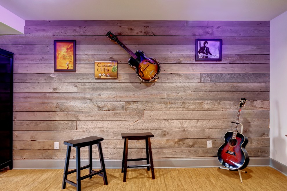 This is an example of a large rustic enclosed games room in Seattle with a music area, multi-coloured walls, cork flooring, no fireplace and no tv.
