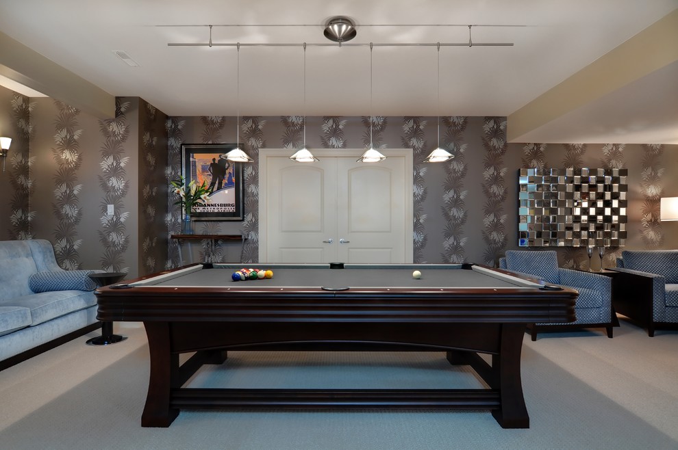 Example of a large trendy open concept carpeted game room design in Vancouver with brown walls