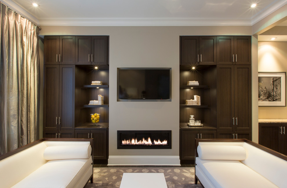 Family room - contemporary family room idea in Atlanta with gray walls, a ribbon fireplace and a wall-mounted tv