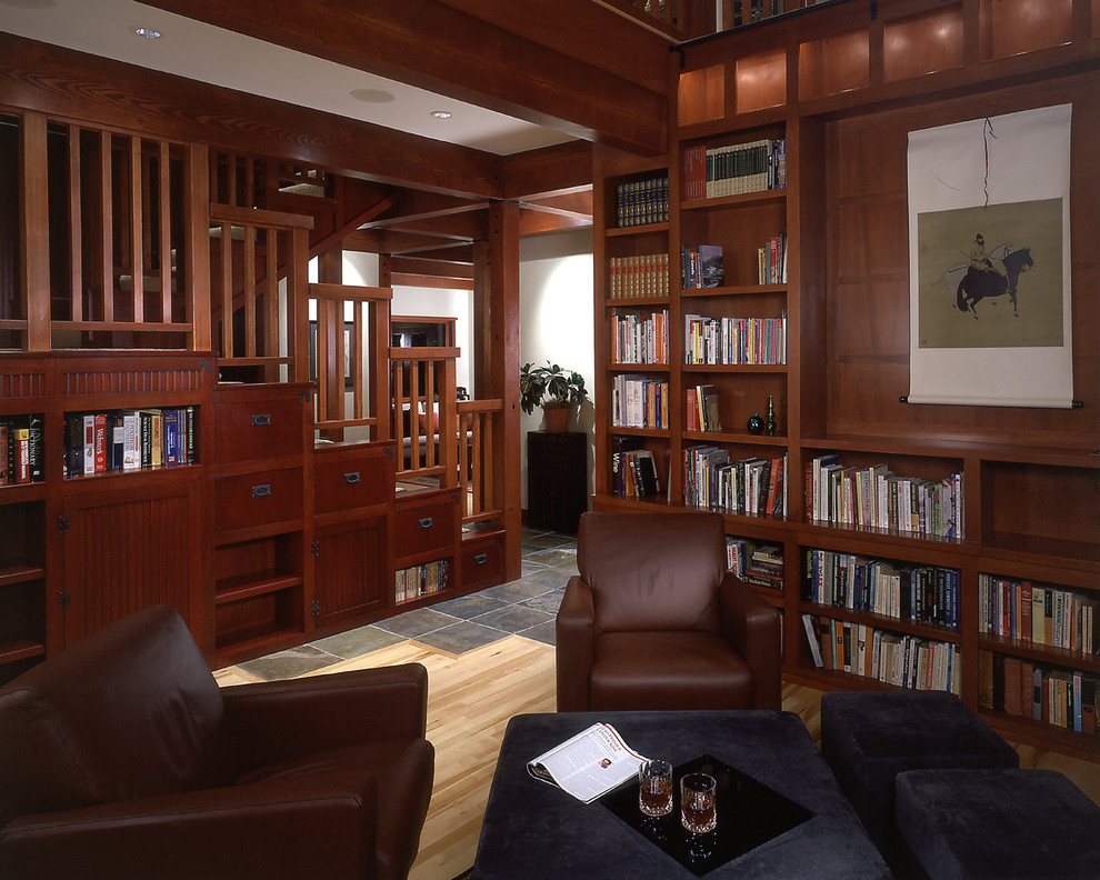 Inspiration for a medium sized classic games room in Seattle with brown walls and light hardwood flooring.
