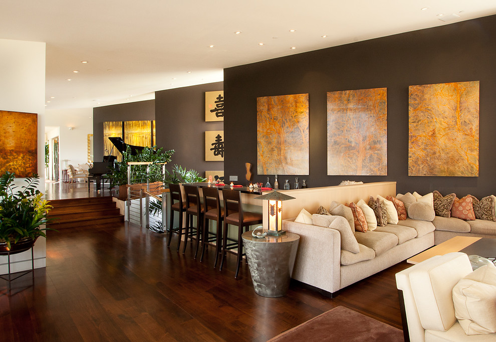 Inspiration for an asian open concept dark wood floor family room remodel in San Francisco with brown walls