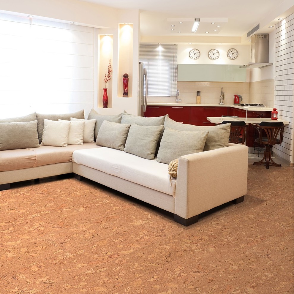 Cette photo montre une salle de séjour méditerranéenne avec un sol en liège.