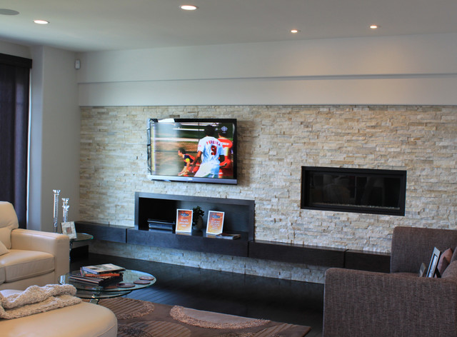 Asymmetrical Long Stone Fireplace Contemporary Family Room Albuquerque By Realstone Systems Houzz - Stone Wall Fireplace And Tv