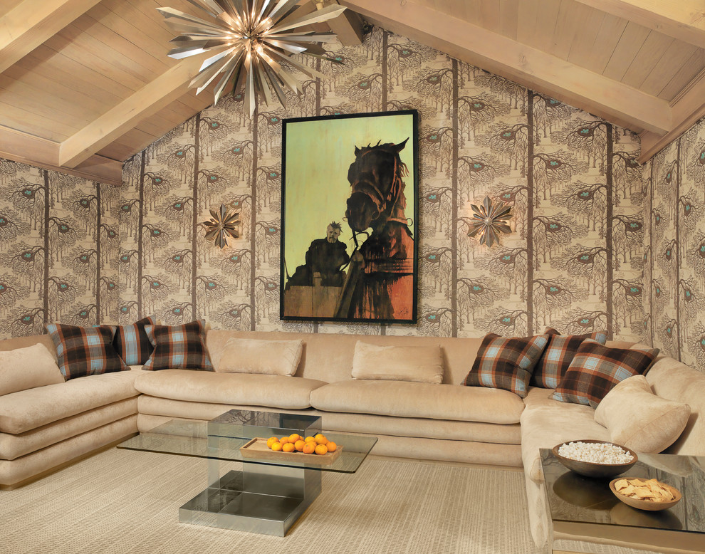 Diseño de sala de estar campestre con paredes multicolor