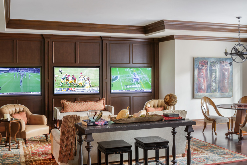 Medium sized traditional open plan games room in San Francisco with beige walls, medium hardwood flooring, no fireplace, a wall mounted tv and brown floors.