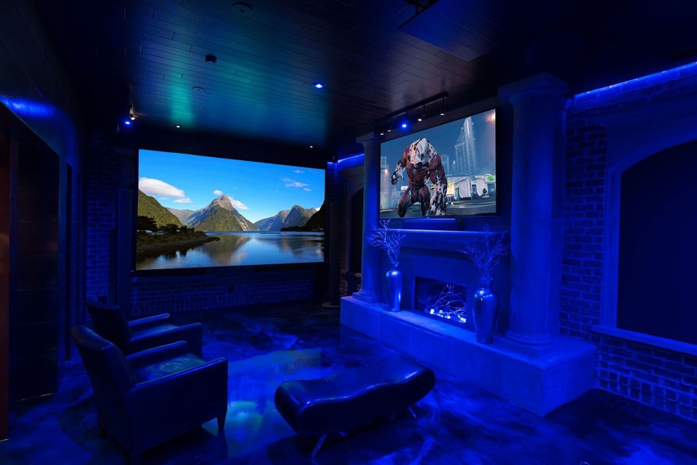 Inspiration for a large contemporary enclosed home theater remodel in Atlanta with a wall-mounted tv