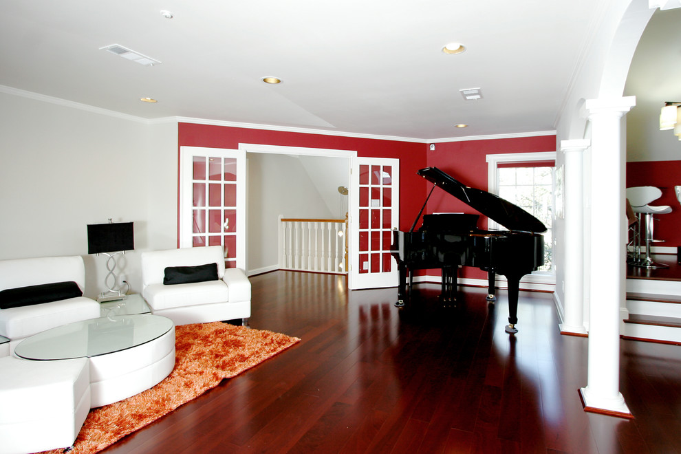 Example of a large trendy open concept dark wood floor family room design in Houston with a music area and red walls