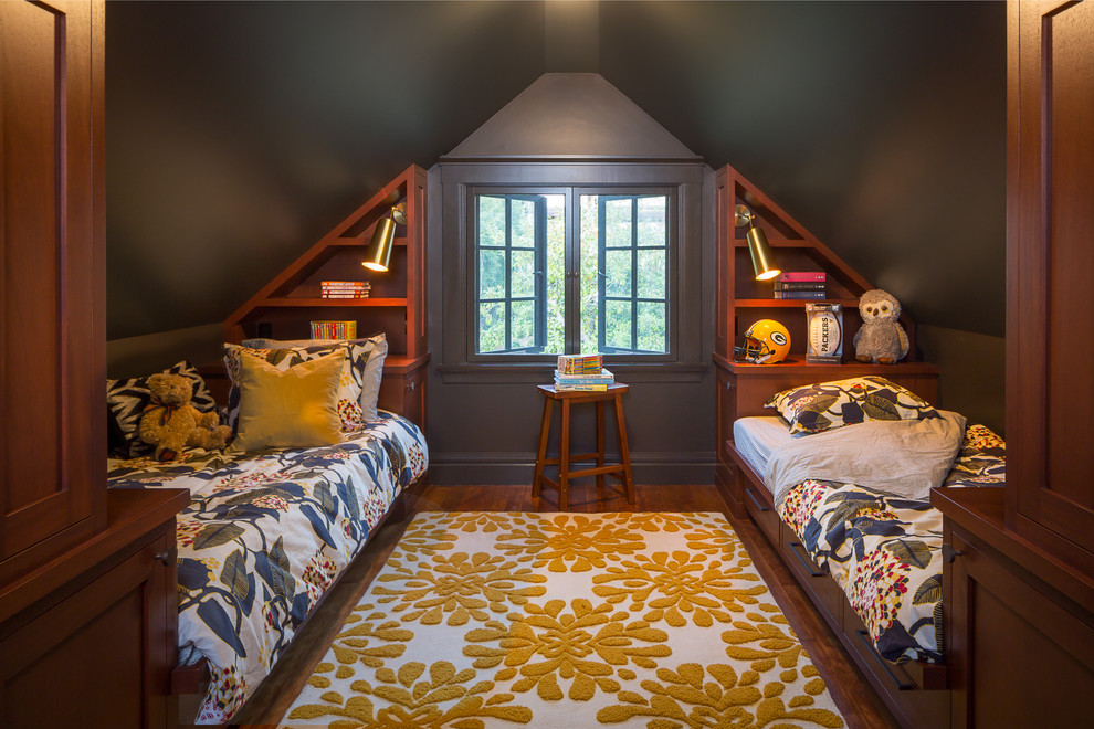 Family room - traditional dark wood floor and brown floor family room idea in San Francisco with gray walls